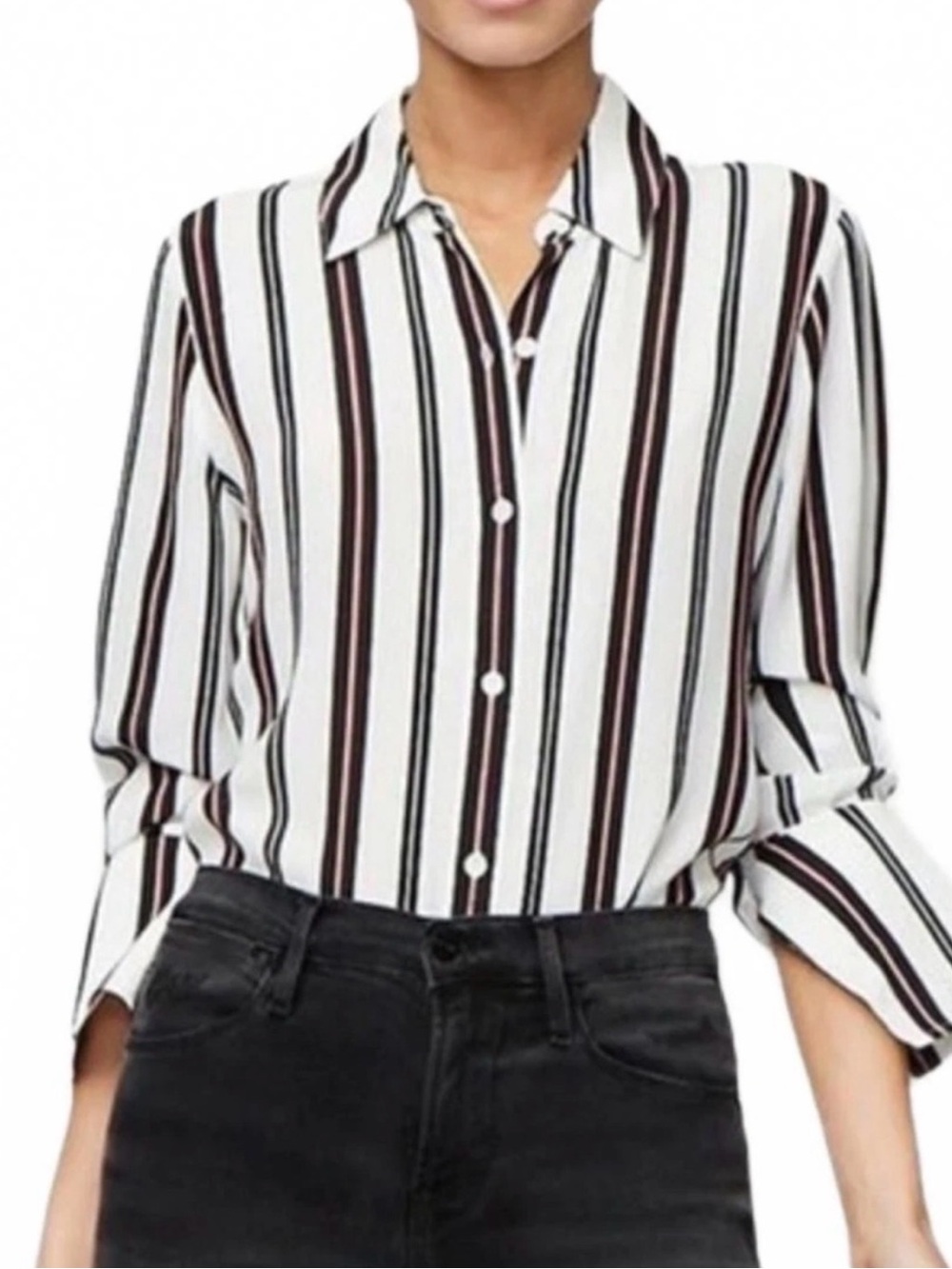 FRAME Noir Multi Stripe 100% Silk Button Down Blouse Size S
